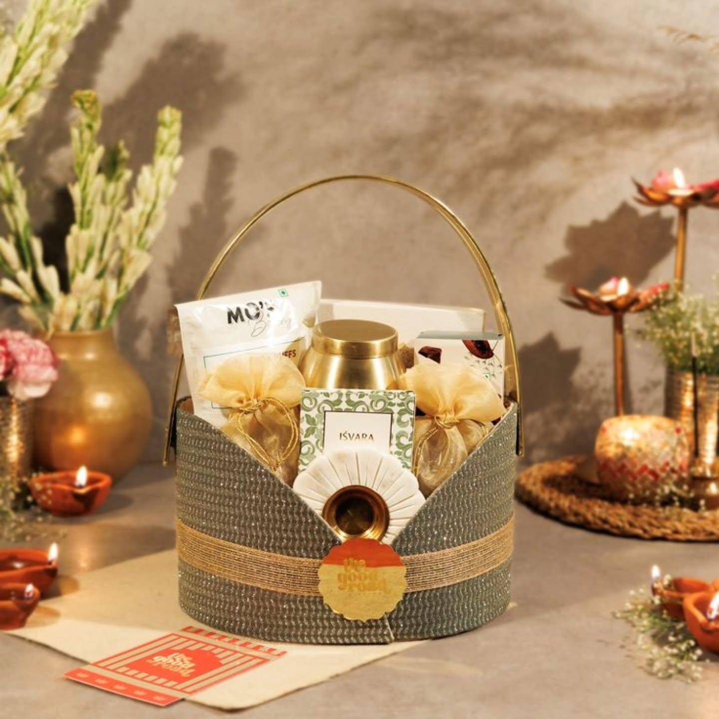 Festive hamper with brass accents and dry fruits