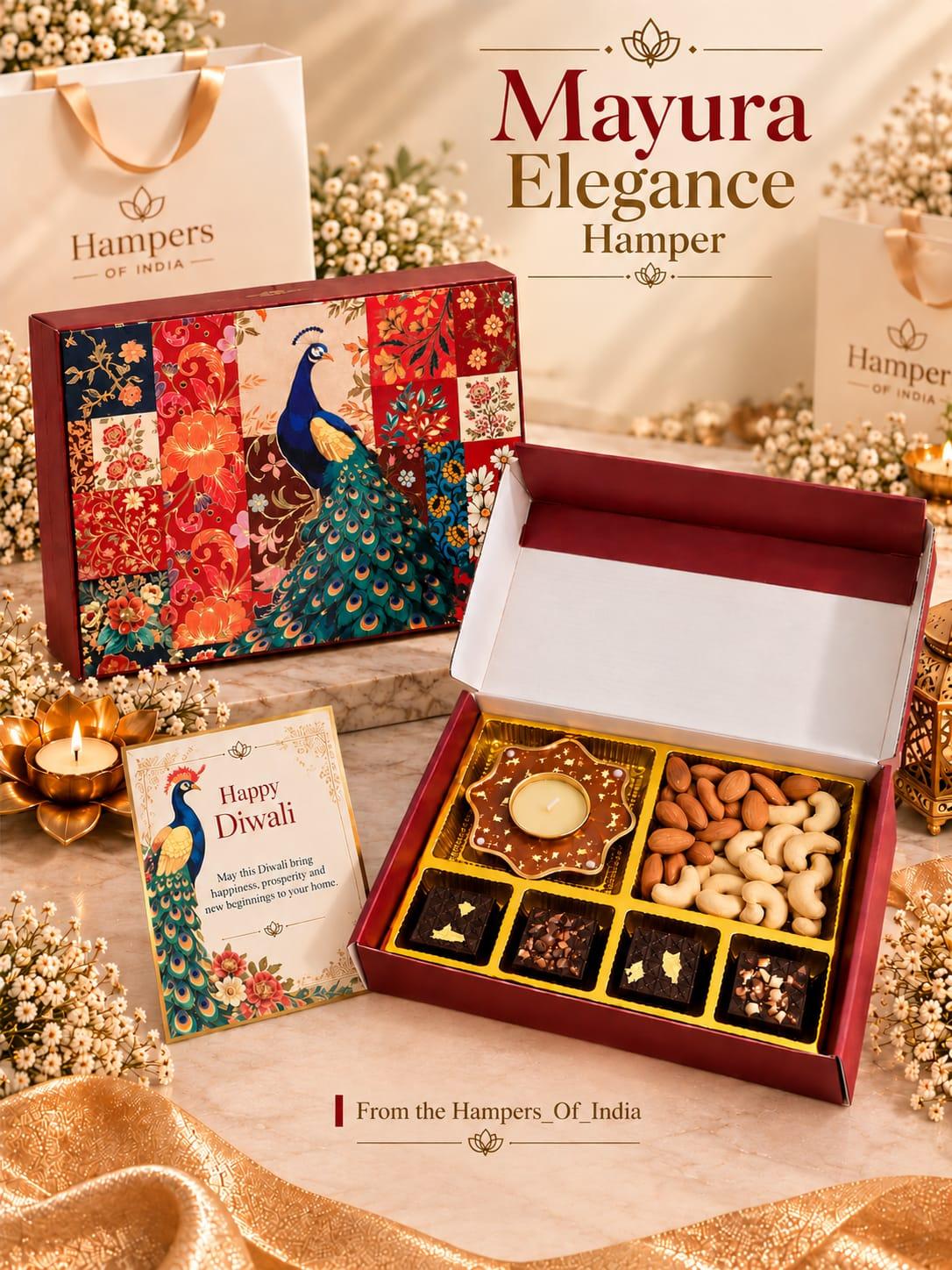 Mayura Elegance peacock-print Diwali hamper with dry fruits and chocolates