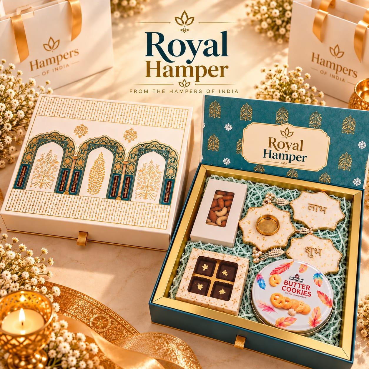 Royal Hamper teal-and-gold Mughal box with dry fruits and Shubh-Labh set
